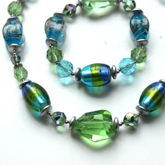 Art glass blue green beaded choker necklace and bracelet set lampwork Murano - Picture 5 of 8